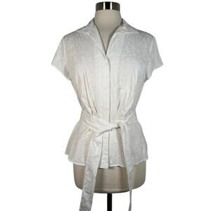 Lafayette 148 Women's Embroidered Tie Waist Peplum Top 10 White Cotton Blouse